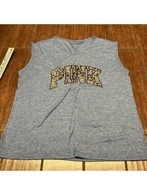 PINK Women's Blue Tank Top with Leopard Print Spellout Size XXL (2XL)